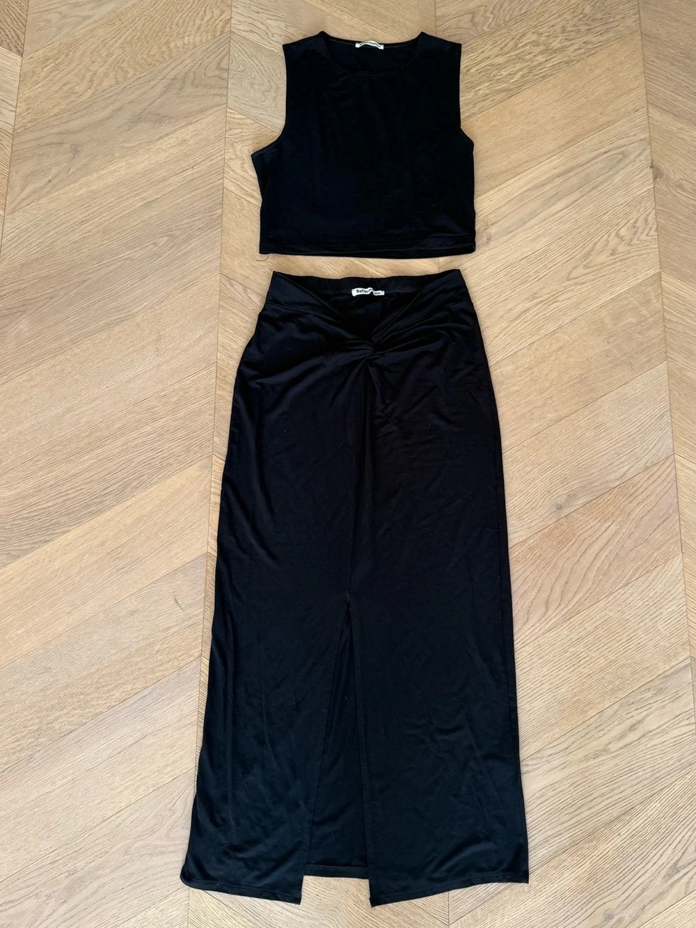 Reformation Black Twist-Knot Midi Skirt Set